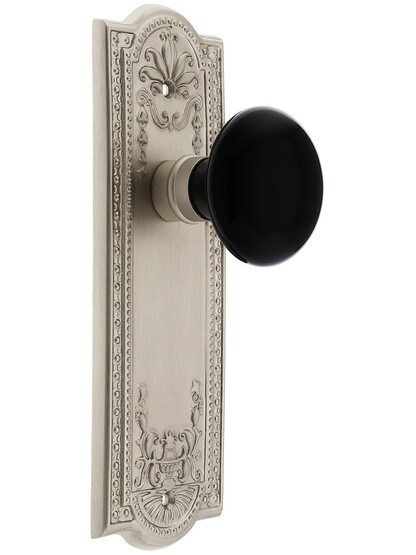Meadows Plate with Black Porcelain Knob without Keyhole in Satin Nickel with .